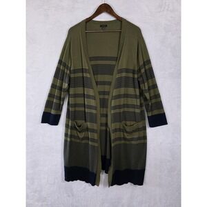 EUC Talbots Cardigan Sweater Womens XL Olive Green Stripe Open Pockets Academia